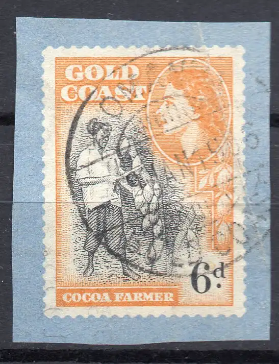 Ghana - Goldküste, Mi-Nr. 145 gest. auf Briefstück, Königin Elisabeth II. + Landesmotive: Kakaoernte