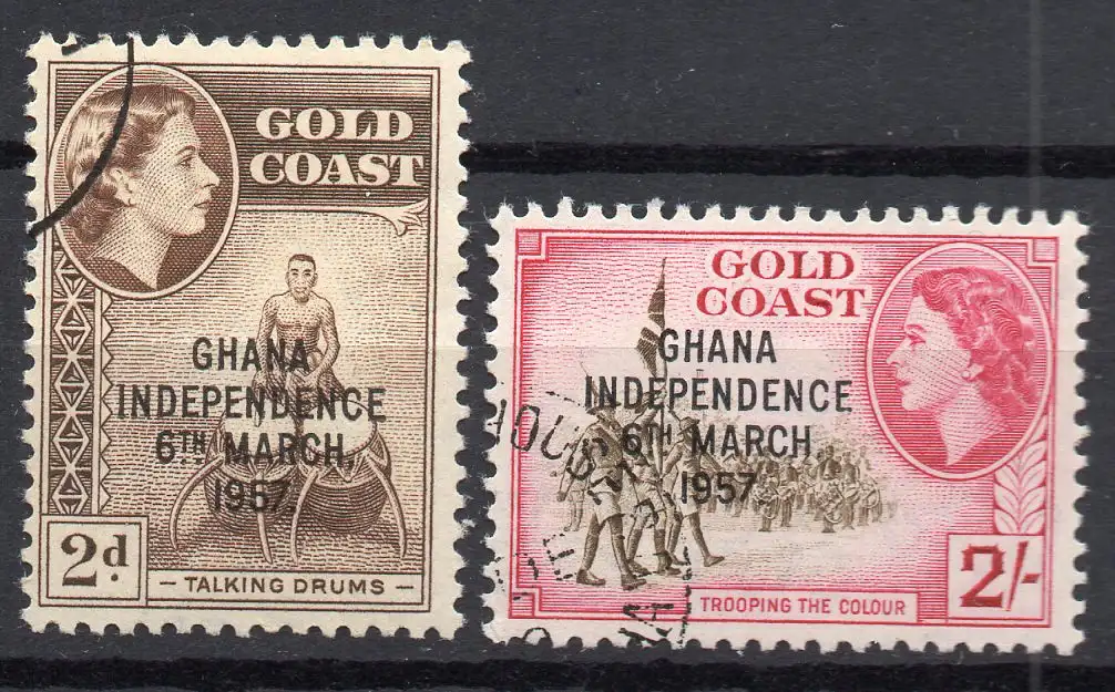 Ghana, Mi-Nr. 8 + 14 gest., Königin Elisabeth II. + Landesmotive mit Aufdruck "Ghana Unabhängigkeit"