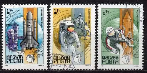 Ungarn, Mi-Nr. 3557, 3558 + 3559 gest., 25 Jahre Weltraumfahrt