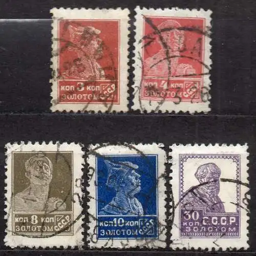 Sowjetunion, Mi-Nr. 273 A, 274 A, 278 A, 280 A + 285 A gest., Rotarmist, Arbeiter + Bauer