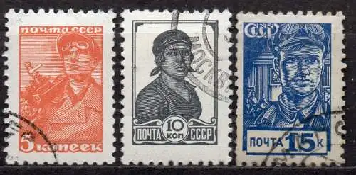 Sowjetunion, Mi-Nr. 676, 677 + 678 gest., Bergmann, Bäuerin + Arbeiter