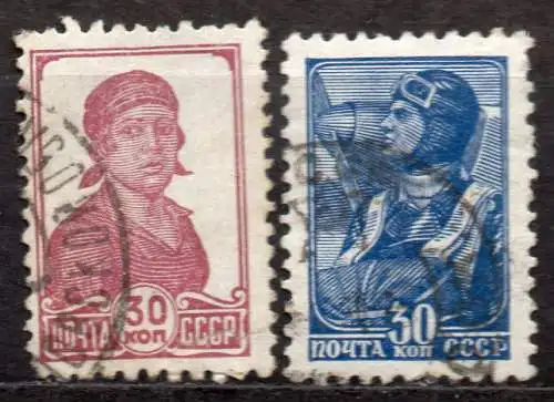 Sowjetunion, Mi-Nr. 681 + 682 gest., Bäuerin + Flieger