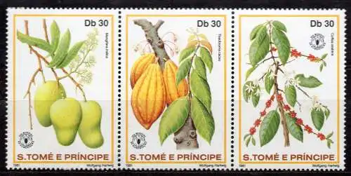 Sao Tomé & Principe, Mi-Nr. 747, 748 + 749 **, ZD, Welternährungstag: Mango, Kakao, Kaffee