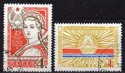 Sowjetunion, Mi-Nr. 3087 + 3088 gest., 25 Jahre Sowjetrepubliken Litauen + Lettland