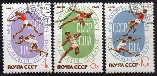 Sowjetunion, Mi-Nr. 3107 - 3109 gest., kompl., Leichtathletik-Länderkampf UDSSR - USA