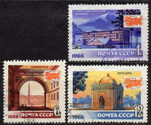 Sowjetunion, Mi-Nr. 3241, 3243 + 3244 gest., Tourismus