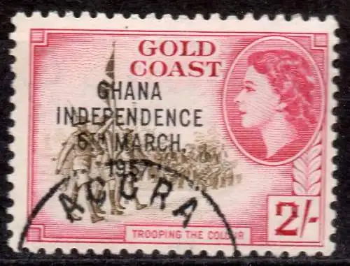 Ghana, Mi-Nr. 14 gest., Königin Elisabeth II. + Landesmotive mit Aufdruck "Ghana Unabhängigkeit"