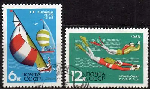 Sowjetunion, Mi-Nr. 3514 + 3516 gest., Internationale Sportwettkämpfe 1968
