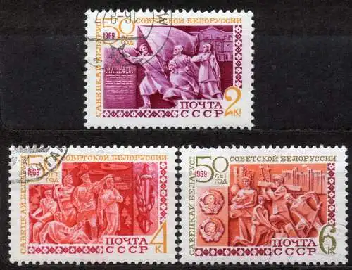 Sowjetunion, Mi-Nr. 3594 - 3596 gest., 50 Jahre Sowjetmacht in der Belorussischen SSR