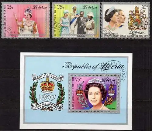 Liberia, Mi-Nr. 1038 - 1040 gest., kompl. + Block Mi-Nr. 87 gest., 25 Jahre Regentschaft von Königin Elisabeth II.