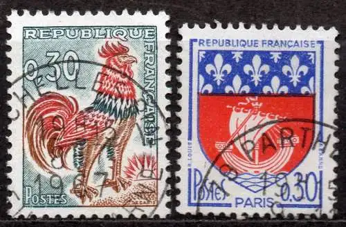Frankreich, Mi-Nr. 1496 + 1497 gest., Gallischer Hahn + Stadtwappen: Paris