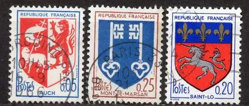Frankreich, Mi-Nr. 1534, 1535 + 1570 gest., Stadtwappen: Auch, Mont-de-Marsan + Saint-Lô