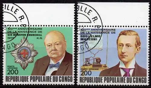 Kongo (Brazzaville), Mi-Nr. 423 - 424 gest., kompl., 100. Geburtstag von Winston Churchill u. Guglielmo Marconi