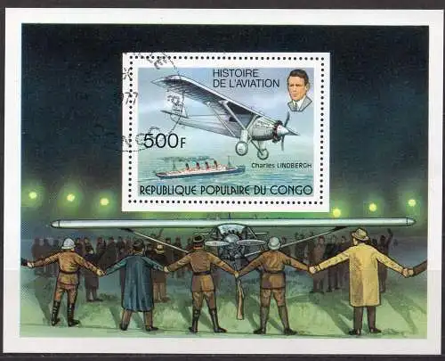 Kongo (Brazzaville), Block Mi-Nr. 12 gest., Geschichte der Luftfahrt: Charles Lindbergh - Spirit of St. Louis