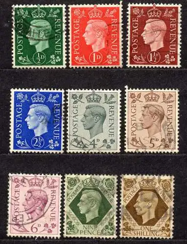 Großbritannien, Mi-Nr. 198, 199, 200, 202, 204, 205, 206, 209 + 211 gest., König George VI.