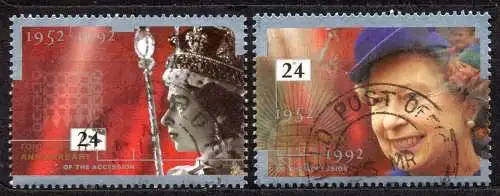 Großbritannien, Mi-Nr. 1387 + 1391 gest., 40. Jahrestag der Thronbesteigung von Königin Elizabeth II.