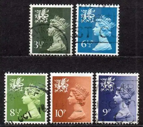 Großbritannien - Wales, Mi-Nr. 15, 21, 22, 23 + 26 gest., Königin Elisabeth II.