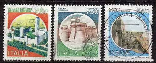 Italien, Mi-Nr. 1963, 2159 + 2203 gest., Freimarken: Burgen und Schlösser