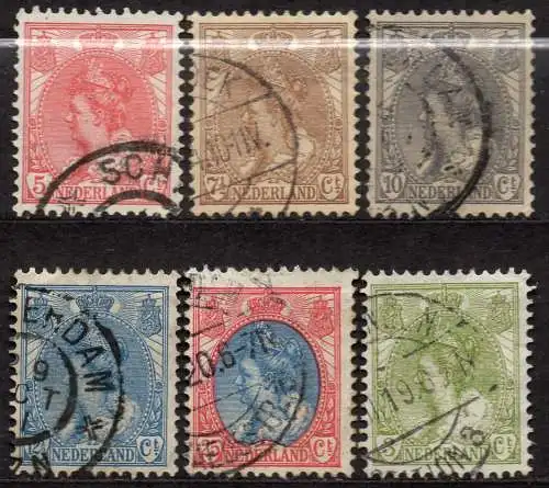 Niederlande, Mi-Nr. 54, 55, 56, 57, 61 + 67 gest., Königin Wilhelmina