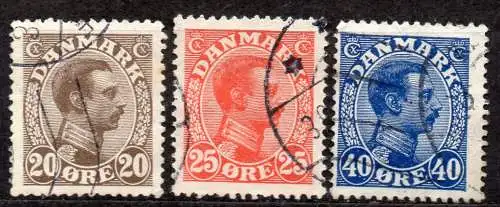 Dänemark, Mi-Nr. 121, 122 + 124 gest., König Christian X.