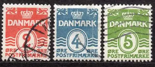 Dänemark, Mi-Nr. 196 II, 197 I + 198 I gest., Wellenlinien ohne Herzchen