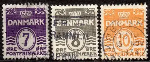 Dänemark, Mi-Nr. 199 I, 200 II + 201 II gest., Wellenlinien ohne Herzchen