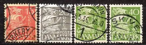 Dänemark, Mi-Nr. 202 II, 203 I, 207 I + 207 II gest., Karavelle