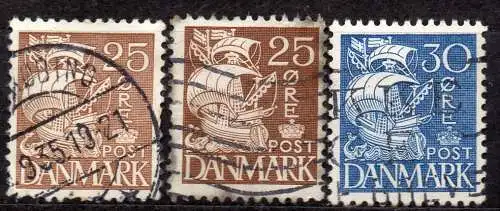 Dänemark, Mi-Nr. 208 I, 208 II, 209 I gest., Karavelle