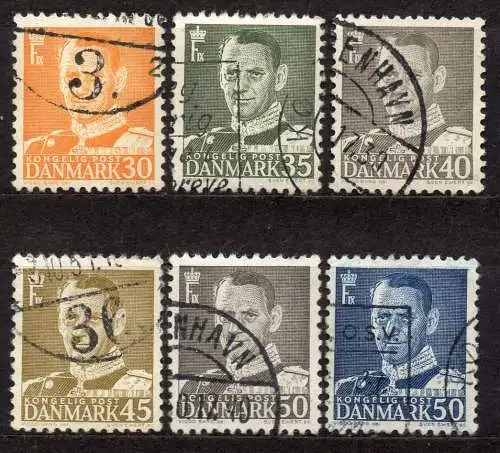 Dänemark, Mi-Nr. 308 III, 309, 311, 312, 313 + 314 gest., König Frederik IX.