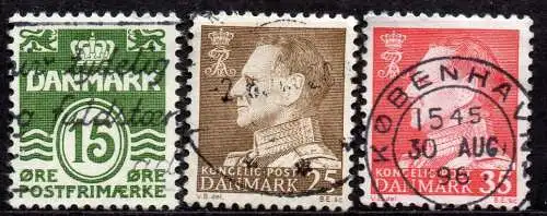 Dänemark, Mi-Nr. 410 x, 411 x + 412 x gest., Wellenlinien + König Frederik IX.