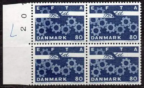 Dänemark, Mi-Nr. 450 y **, 4´er-Block vom Rand, Aufhebung der Zollschranken zwischen den EFTA-Ländern