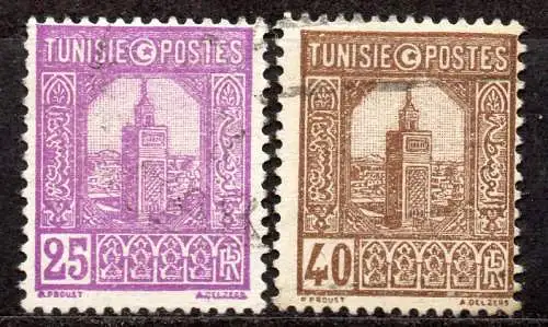 Tunesien, Mi-Nr. 128 + 131 gest., Minarett der Großen Moschee, Tunis