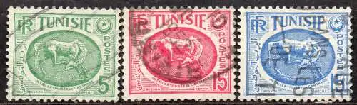 Tunesien, Mi-Nr. 374, 378 + 379 gest., Gemme mit Pferdemotiv