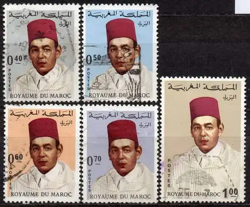 Marokko, Mi-Nr. 608, 609, 610, 611 + 614 gest., 7. Thronjubiläum von König Hassan II.