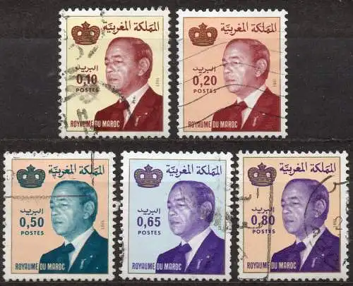 Marokko, Mi-Nr. 978, 980, 985, 986 + 990 gest., König Hassan II.