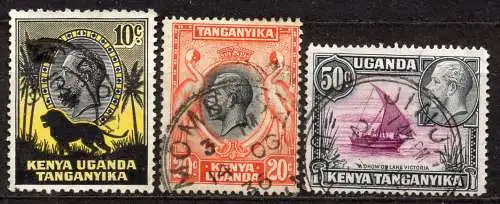 Ostafrikanische Gem., Kenia + Uganda, Mi-Nr. 33, 35 + 37 gest., König Georg V. und Landschaften