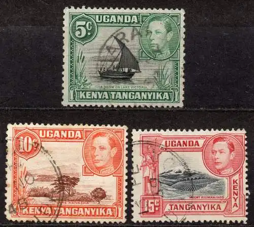 Ostafrikanische Gem., Kenia + Uganda, Mi-Nr. 53, 55 A + 58 A gest., König Georg VI. und Landschaften