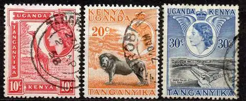 Ostafrikanische Gem., Kenia + Uganda, Mi-Nr. 93, 95 + 96 gest., Königin Elisabeth II. und Landschaften