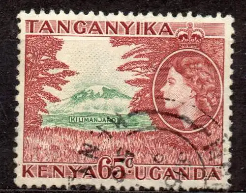 Ostafrikanische Gem., Kenia + Uganda, Mi-Nr. 99 gest., Königin Elisabeth II. und Landschaften