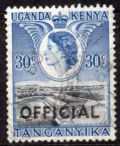 Ostafrikanische Gem., Kenia + Uganda, Dienstmarke Mi-Nr. 5 gest., Königin Elisabeth II. und Landschaften