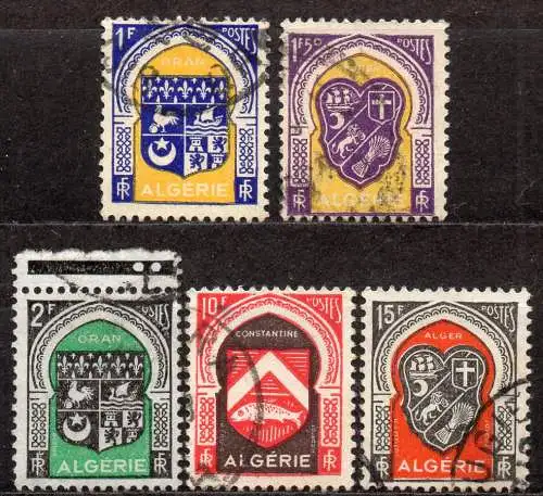 Algerien, Mi-Nr. 263, 265, 266, 275 + 276 gest., Städtewappen:  Constantine, Algier + Oran