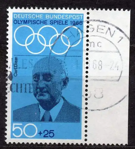 BRD, Mi-Nr. 565 gest., Randstück, Olympische Sommerspiele Mexiko 1968