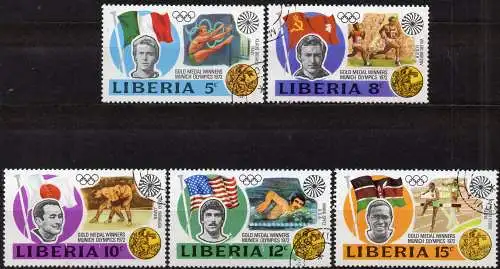 Liberia, Mi-Nr. 855, 856, 857, 858 +859 gest., Olympische Sommerspiele München 1972: Goldmedaillengewinner