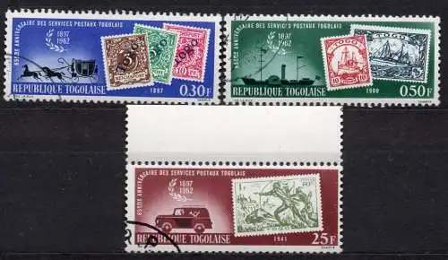 Togo, Mi-Nr. 356, 357 + 360 gest., 65 Jahre Briefmarken von Togo