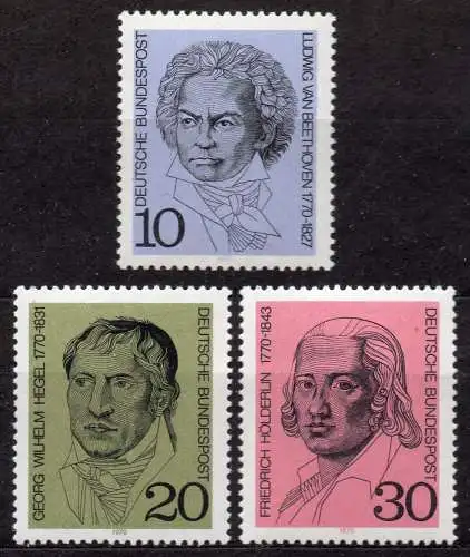 BRD, Mi-Nr. 616 - 618 **, kompl., 200. Geburtstage von van Beethoven, Hegel und Hölderlin