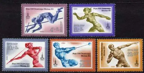 Sowjetunion, Mi-Nr. 4832 - 4836 **, kompl., Olympische Sommerspiele Moskau 1980: Leichtathletik