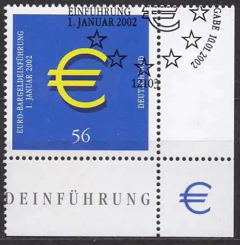 BRD, Mi-Nr. 2234 gest., Eckrand UR, Einführung der Euro-Münzen und -Banknoten
