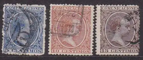 Spanien, Mi-Nr. 190, 191 + 192 gest., König Alfons XIII.
