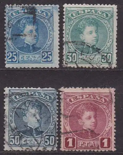 Spanien, Mi-Nr. 211, 212, 214 + 215 gest., König Alfons XIII.