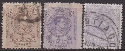 Spanien, Mi-Nr. 243, 245 + 249 gest., König Alfons XIII.